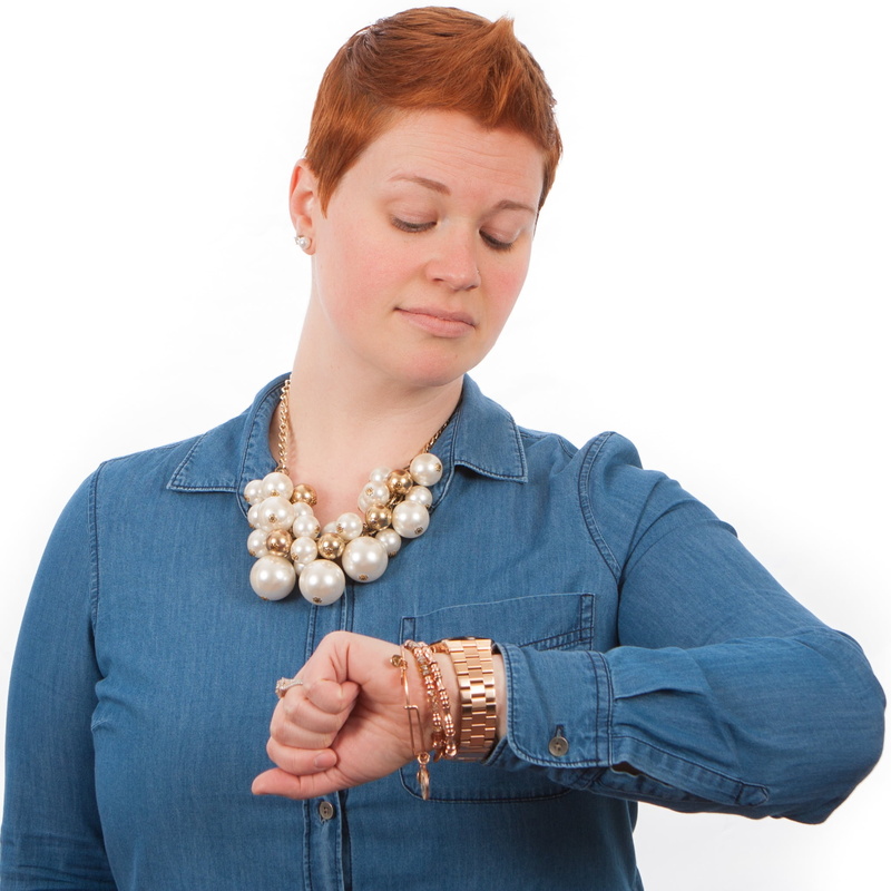 caucasian, poses, short hair, front view, casual clothing, waist up, woman, checking watch, blue, white background, hair, jewelry, redhead, portrait, adult