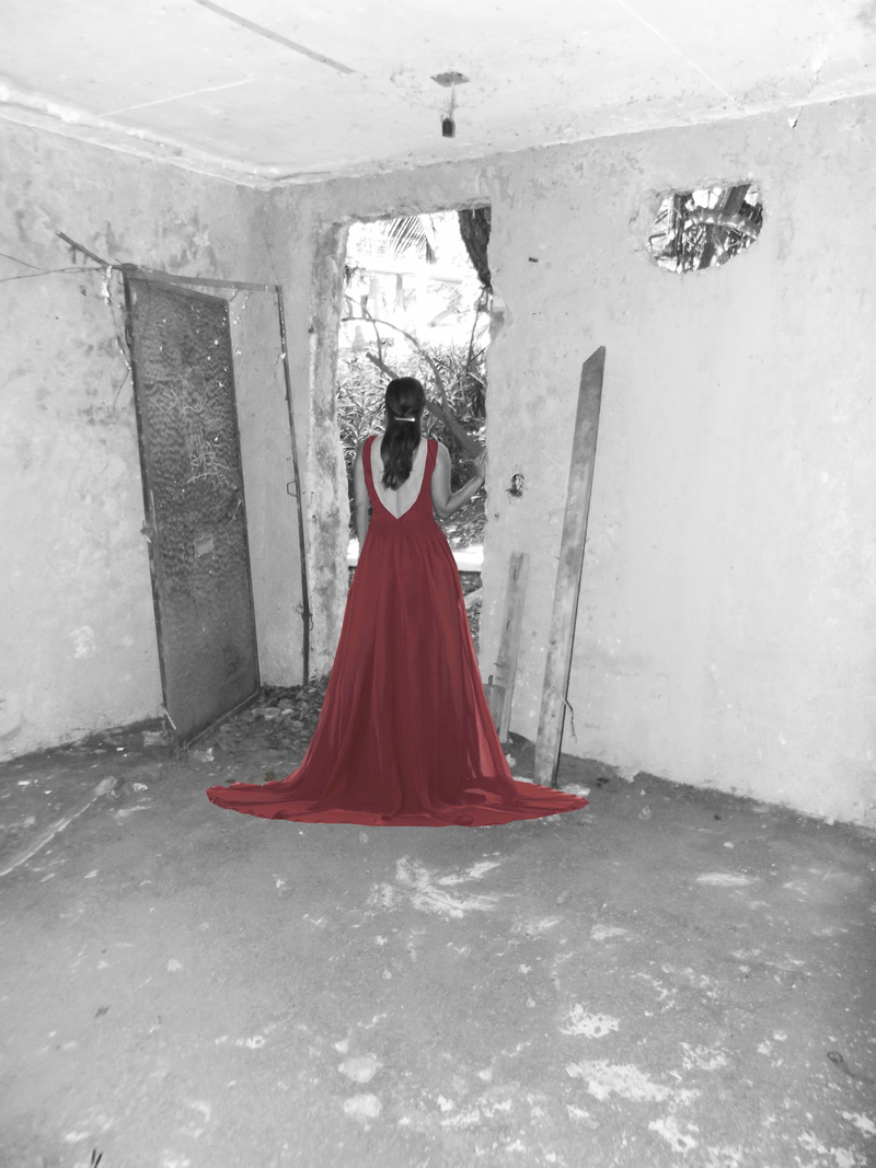 beauty, women, life events, event, formalwear, debris, woman, red, celebration, building, adult, rubble, girl, bride, clothing, farewell, built structure