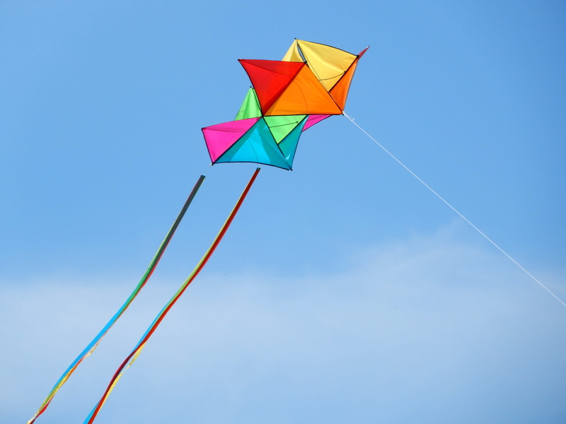 low angle view, toy, 1080P, kite, fun, cord, Blue, dragon rising, freedom, pink, flying object, Sky, sun, sky, multi colored, yellow, color, wind, art and craft