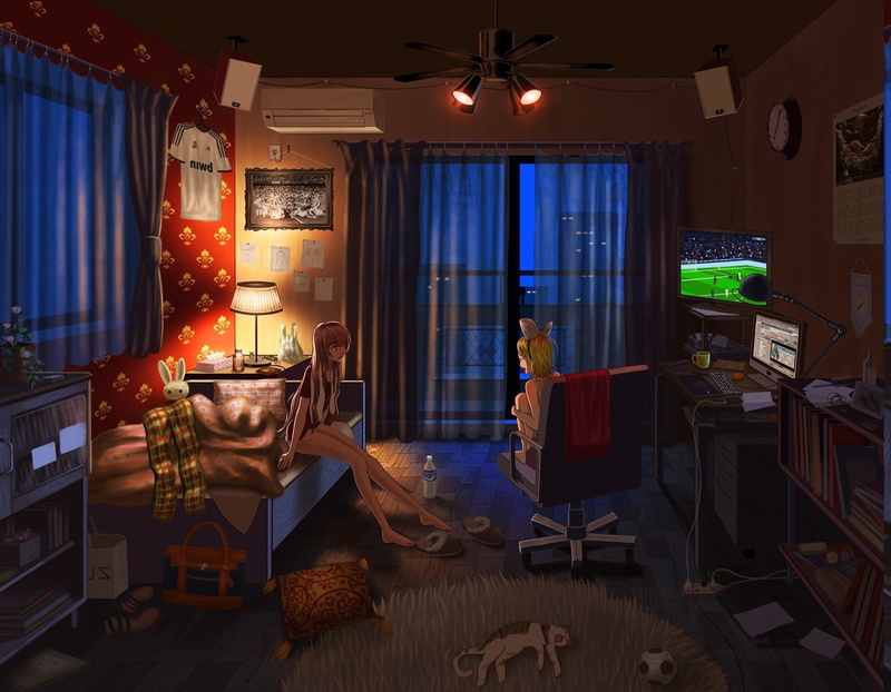 illuminated, indoors, light, real people, lighting equipment, sitting, anime vocaloid megurine luka kagamine rin real madrid el classico bedrooms curtains