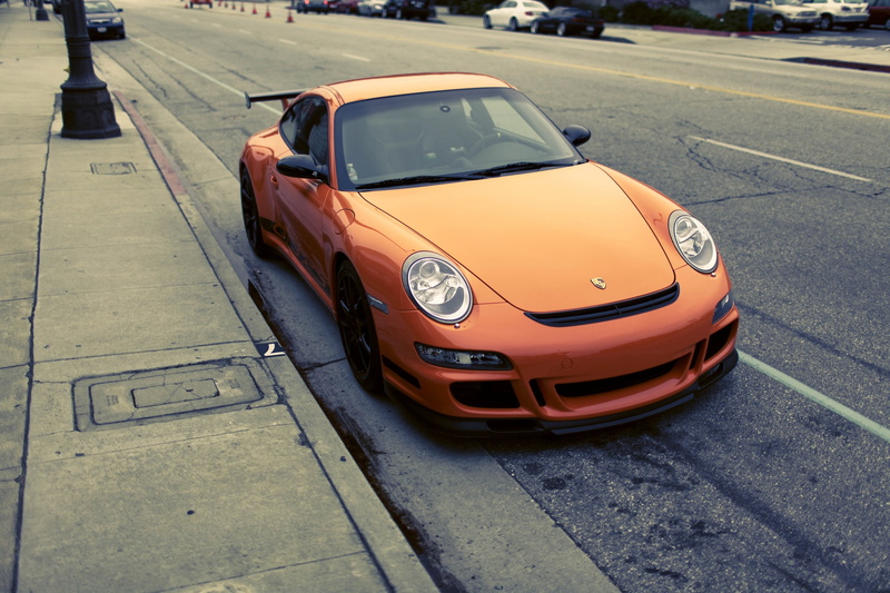 Porshe gt3 rs, road marking, land vehicle, photo, stationary, orange, coupe, orange color, motor vehicle, high angle view, stop, car, Photography, City