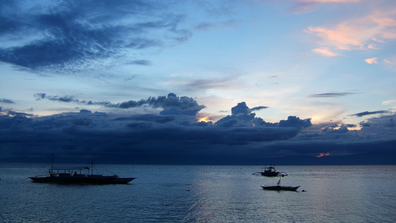 Moalboal, 2K, Sea, Boats, Clouds, Philippines, Dusk, Cebu, Sunset