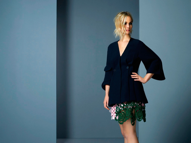 looking away, hands on hips, women, actress, Jennifer Lawrence, shirt, blue jacket, 1080P, blonde