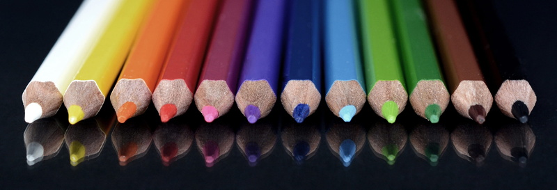 side by side, order, assorted, creativity, craft, variation, header, pencil, no people, black background, pens, colored pencils, rainbow colors, mirroring