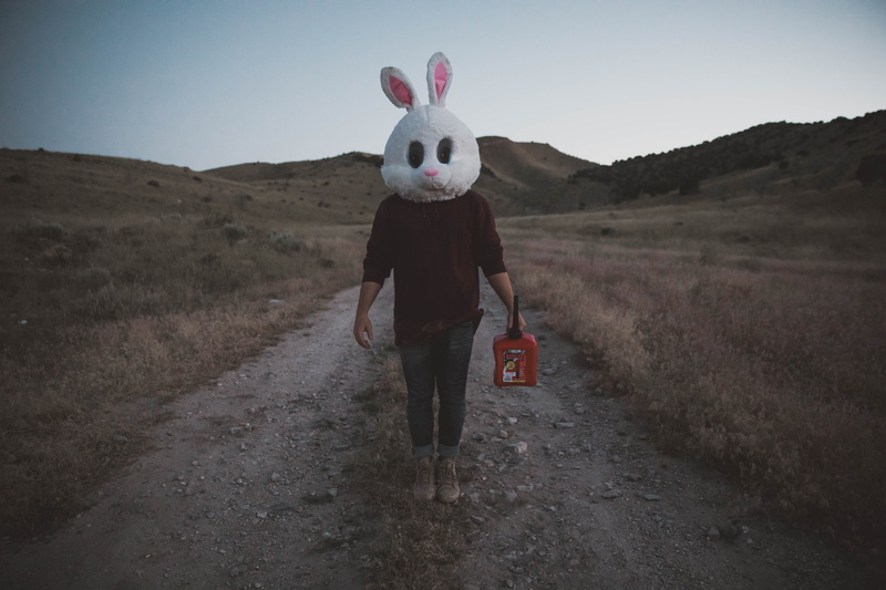 standing, leisure activity, holding, real people, wearing, head, field, full length, front view, landscape, environment, bunny, mammal, non-urban scene