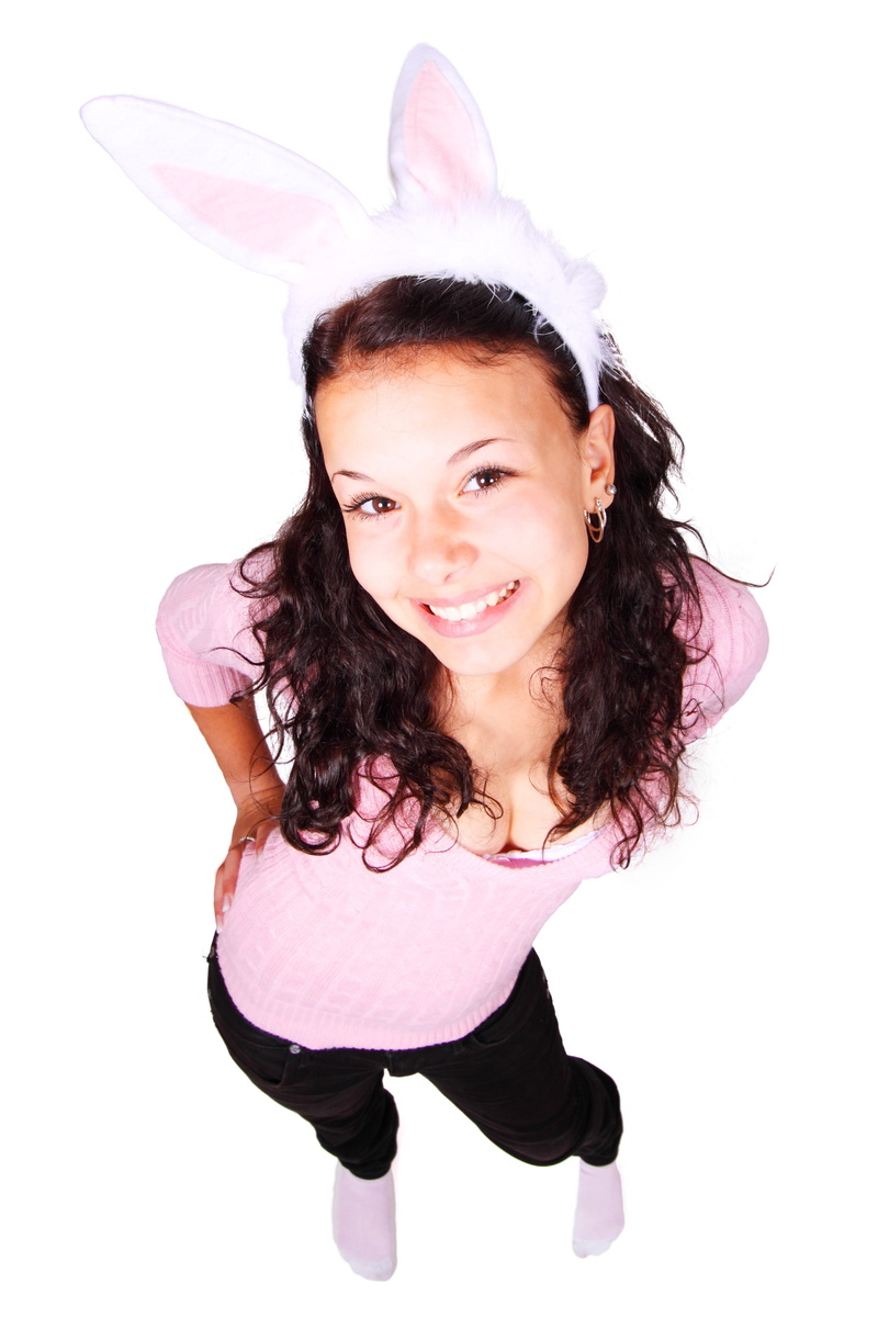human, cut out, activity, one person, young adult, model, women, looking at camera, white background, studio shot, bunny, happiness, casual clothing, woman