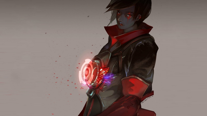 holding, young women, young adult, 1080P, coat, three quarter length, indoors, leisure activity, one person, red, motion, woman, glowing, Tracer (Overwatch)