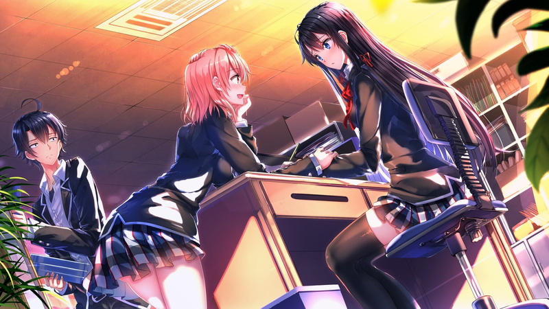 Hikigaya Hachiman, Swordsouls, front view, schoolgirls, sexy anime, low angle view, 1080P, young adult, sitting, women, three quarter length, real people