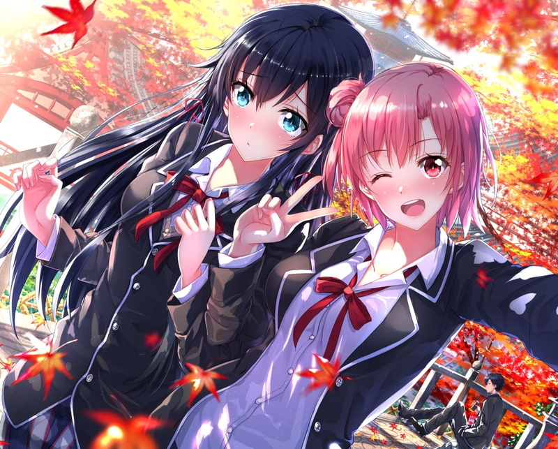 anime girls, leaves, wink, 720P, Yuigahama Yui, long hair, Yukinoshita Yukino, Swordsouls, Hikigaya Hachiman, Yahari Ore no Seishun Love Comedy wa Machigatteiru