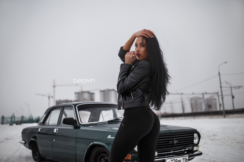 young adult, motor vehicle, day, women ass brunette hands on head looking at viewer women with cars jacket leather leggings alexander belavin, three quarter length