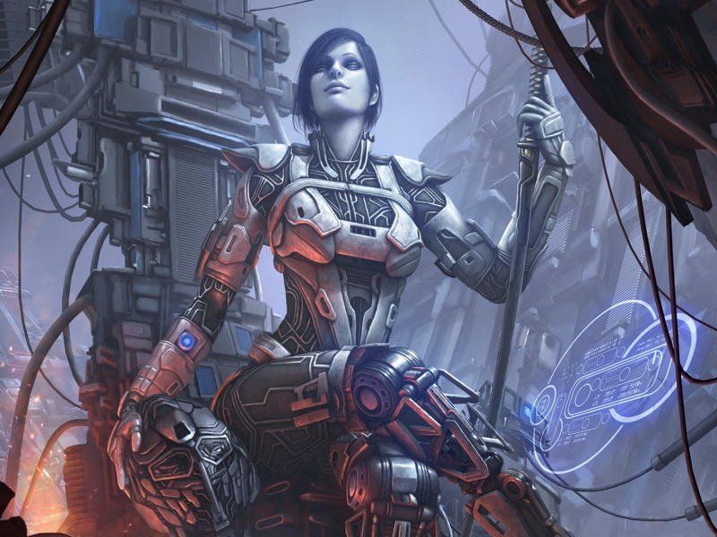 woman, standing, 1080P, male likeness, war, land vehicle, mode of transportation, machinery, helmet, people, human representation, sword, illustration