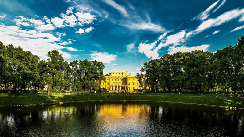 outdoors, waterfront, trees, clouds, concrete, swan, beige, beauty in nature, landscape, people, nature, St. Petersburg, 1080P, lake, sky, plant, built structure