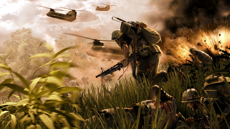 helicopters, battle, land, nature, Vietnam, flower, flying, military, war, growth, explosions, uniform, wounded, digital, day, grass, jungle, conflict
