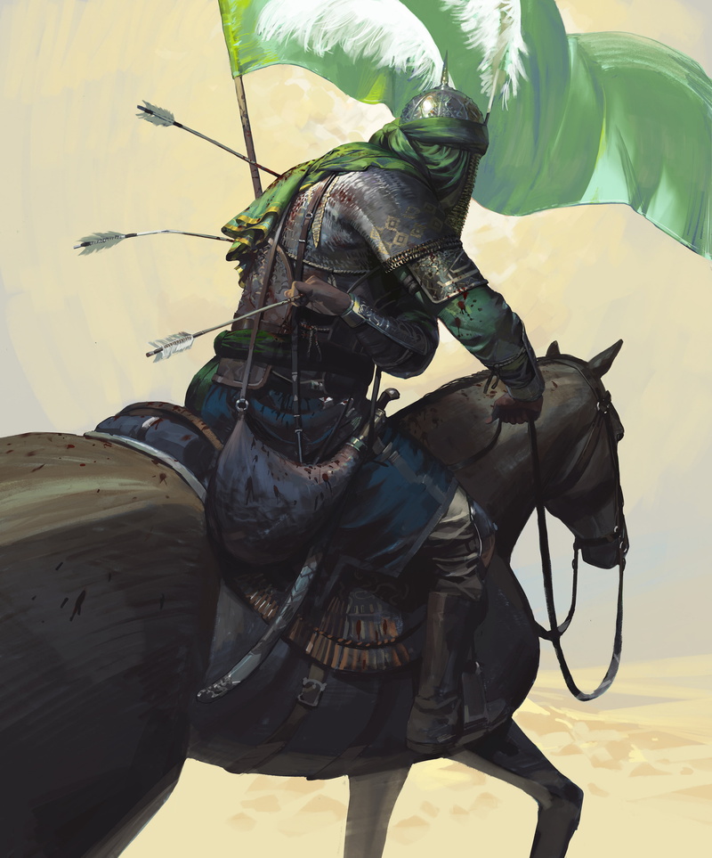 horse, arrows, injured, desert, warrior, blood, armor, banner, 4K, Arabic