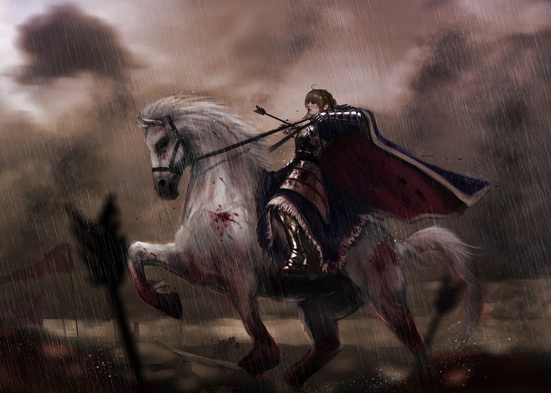 cape, battle, horse, realistic, 2K, saber, raining, injured, fate stay night, Anime