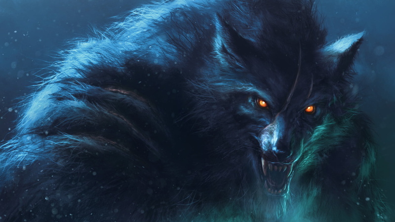 fangs, drawing, creature, digital art, ArtStation, scars, fantasy art, artwork, wolf, orange eyes, 1080P, Zsolt Kosa, Werewolf, fictional creatures, open mouth