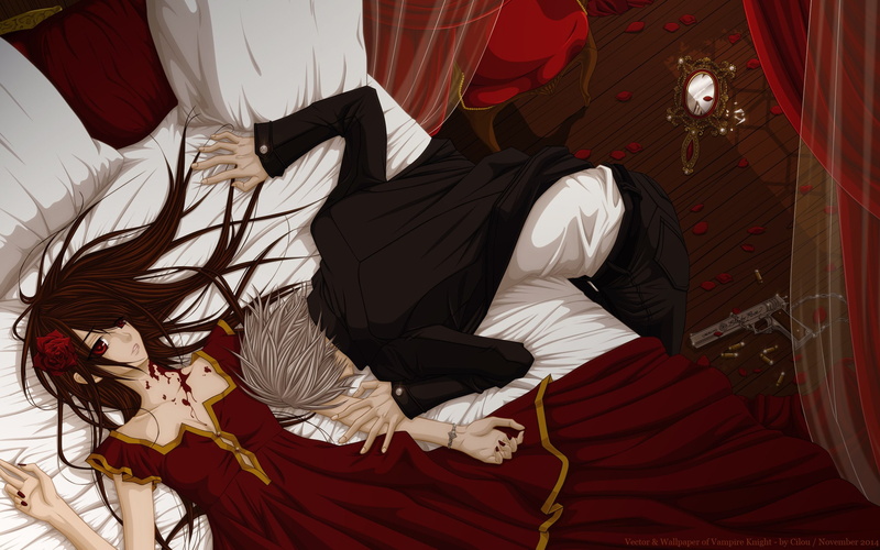 vampire, knight, 2K, male, hino, yuuki, dress, petals, matsuri, bed, zero, cross, kiryu, blood, weapon