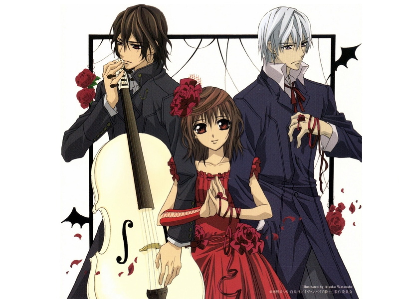 1080P, red dress, yuuki cross, art, flower in hair, kaname kuran, cello, zero kiryu, knight-vampire, rivals, vampire knight, thoroughbred, matsuri hino