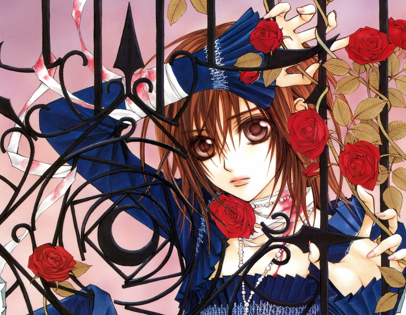 matsuri hino, fence, vampire knight, 4K, art, knight-vampire, red roses, blue dress, yuuki cross