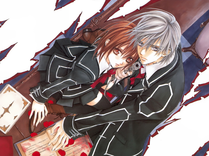 the guy with the girl, matsuri hino, the barrel of a gun, look up, school uniform, book, zero kiryu, rose petals, knight-vampire, art, 5K, yuuki cross