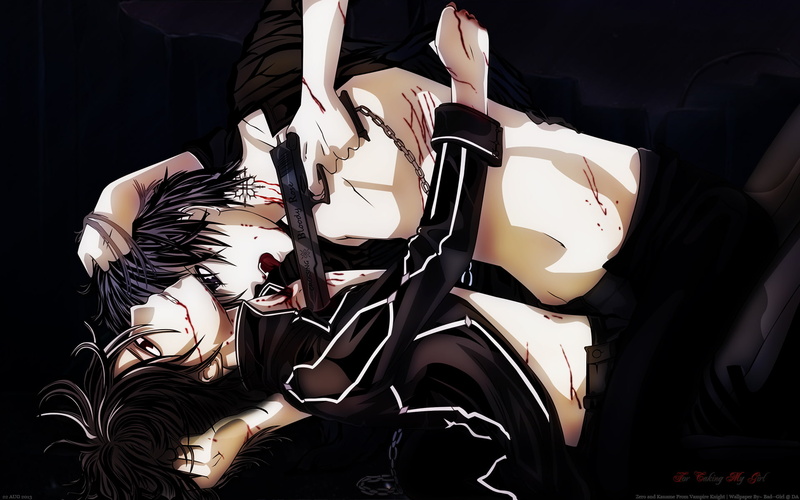 dark, kuran, 1080P, chain, red, brown, knight, hair, short, blood, vampire, eyes, weapon, navel, kaname, tattoo, black, gun, watermark