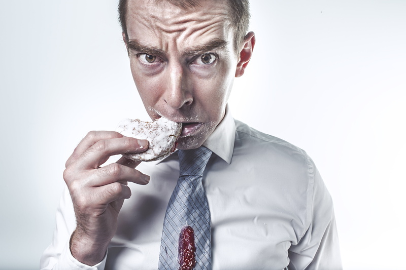dessert, people, 5K, menswear, hand, headshot, food and drink, donut, shirt, stain, portrait, man, photography, studio shot, tie, cookie, button down shirt