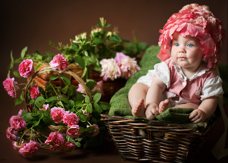 closeup, summer, 4K, baby Girls, pink color, beautiful, human Face, children, baby, flowers, outdoors, plant, basket, springtime, child, lifestyles, sitting