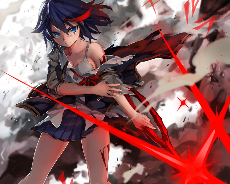 Wound, Kill La Kill, 720P, Ryūko Matoi, Skirt, Blood, Blade, Black Hair, Anime, Blue Eyes