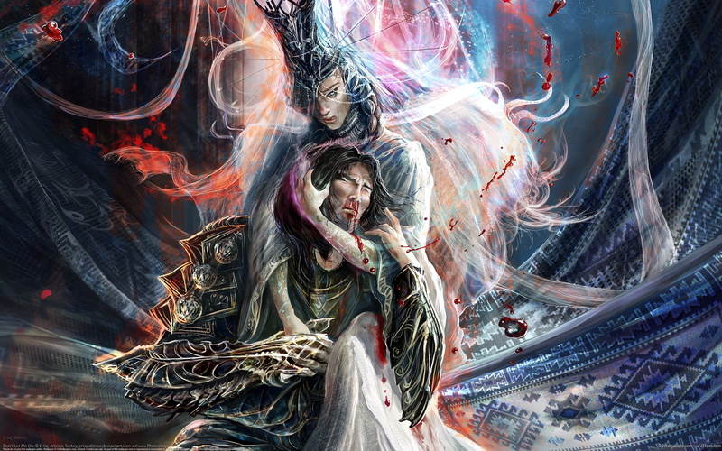 long hair, bizarre, digital composite, two people, portrait, imagination, young adult, painting, beautiful woman, wounded, men, religion, cover, brown hair
