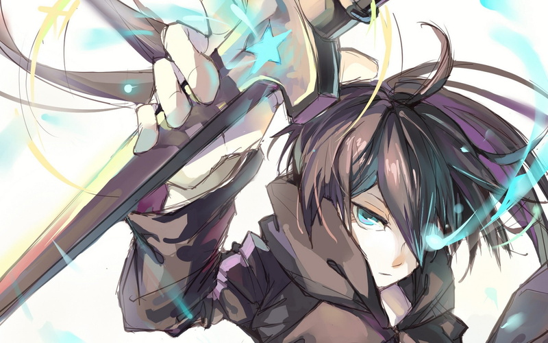 shooter, eyes, simple, stars, Black Rock Shooter, blue, twintails, swor, girls, hd, weapons, hot, rock, art, 1080P, glowing, black, background, anime