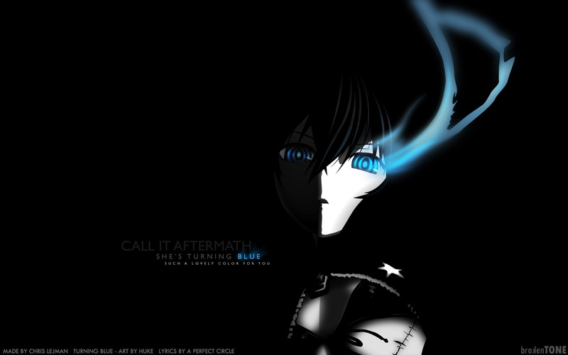dark, hd, blue, rock, 1080P, Photoshop, anime, art, shooter, black, turning, Black Rock Shooter, Glowing Eye