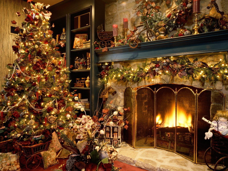 year, cosiness, tree, fur, christmas, fireplace, new year, 720P, fur-tree, new