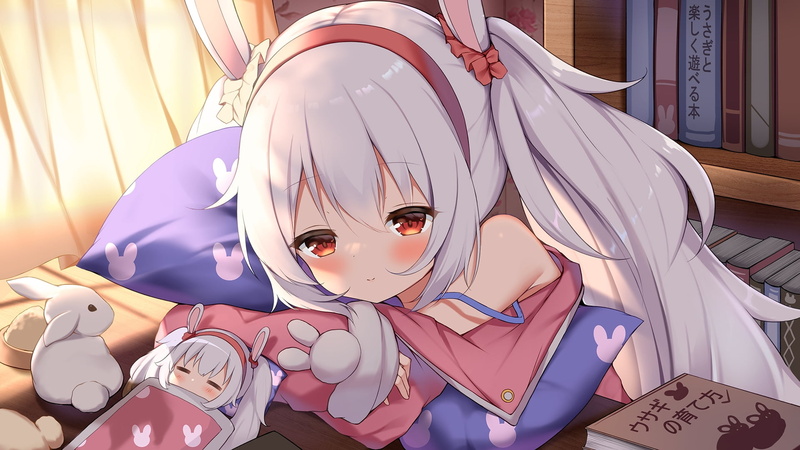 headband, anime girls, sunset, digital art, curtains, bunny ears, window, long hair, pink pajamas, sleeping, books, artwork, sunlight, bun bun, bunny girl