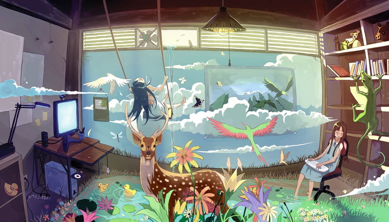 human representation, nature, rubber ducks, artwork, clouds, mural, deer, fish, no people, group of animals, lizards, shelves, vertebrate, representation