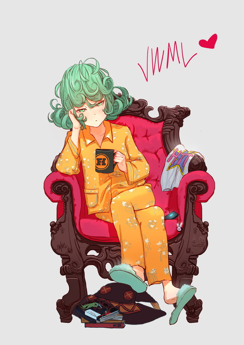 green eyes, 720P, short hair, Tatsumaki, FunHaus, pyjamas, witch hat, One-Punch Man, T-shirt, green hair, anime girls