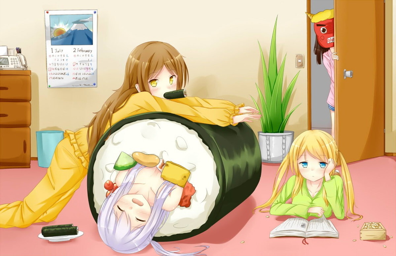 childhood, male likeness, girls, sushi, indoors, human representation, female likeness, representation, real people, child, females, women, anime girls