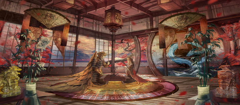 male likeness, wings, sculpture, indoors, human representation, warrior, belief, craft, kimono, anime girl, architecture, mural, mask, place of worship