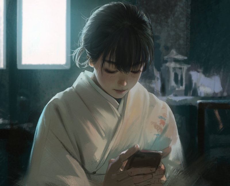 phone, window, in the room, Asian, girl, looking down, Japanese, Rui Li, art, bangs, kimono, 1080P