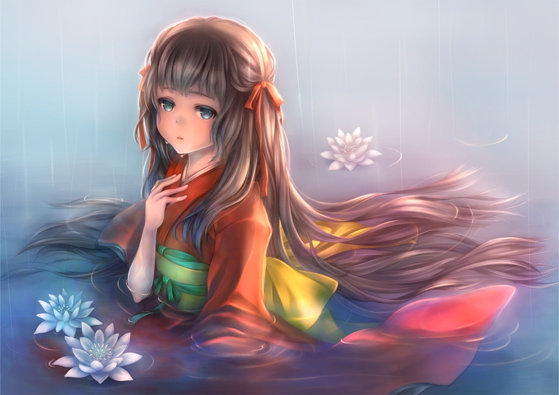 anime girls, 1080P, kimono, water, rain, anime, long hair, flowers, Japanese clothes