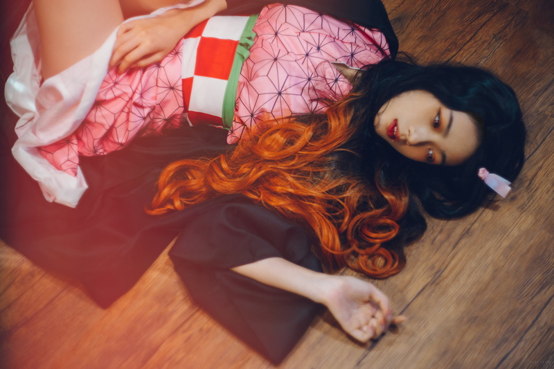 parted lips, lying on back, long hair, Asian, model, indoors, kimono, filter, black hair, women, wooden floor, Kimetsu no Yaiba, on the floor, cosplay