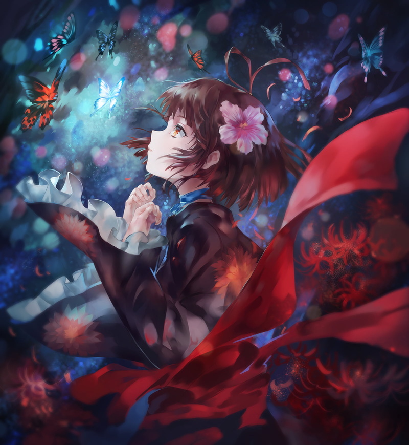 costume, ribbon, 720P, close-up, adult, anime, butterfly, leisure activity, celebration, selective focus, short hair, indoors, anime girls, glowing, kimono