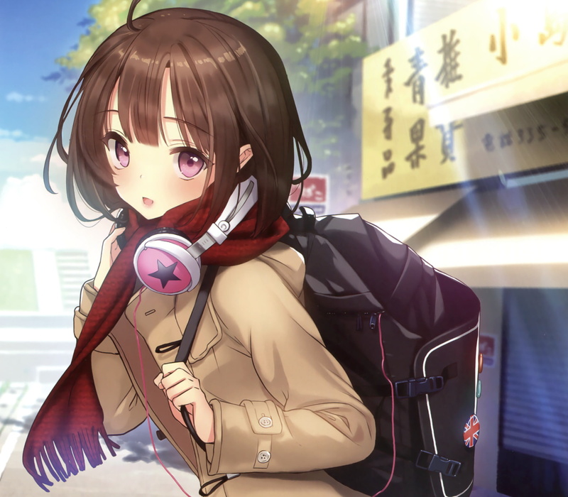 Short Hair, Pink Eyes, 1080P, Brown Hair, Anime, Original, Bag, Headphones, Smile, Scarf