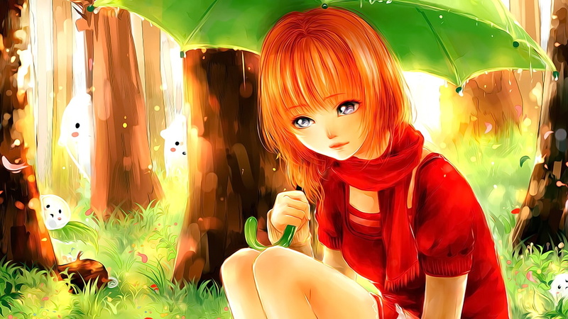 trees, umbrella, anime, scarf, anime girls, short hair, original characters, 1080P