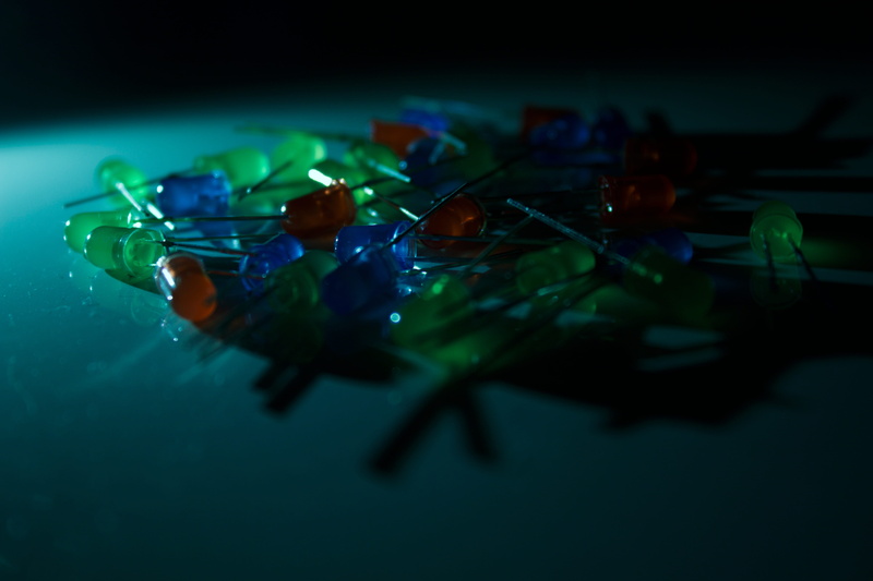 5K, close-up, creativity, green color, craft, indoors, rgb, lights, table, palette, blue, studio shot, no people, sharp, led, thumbtack, multi colored