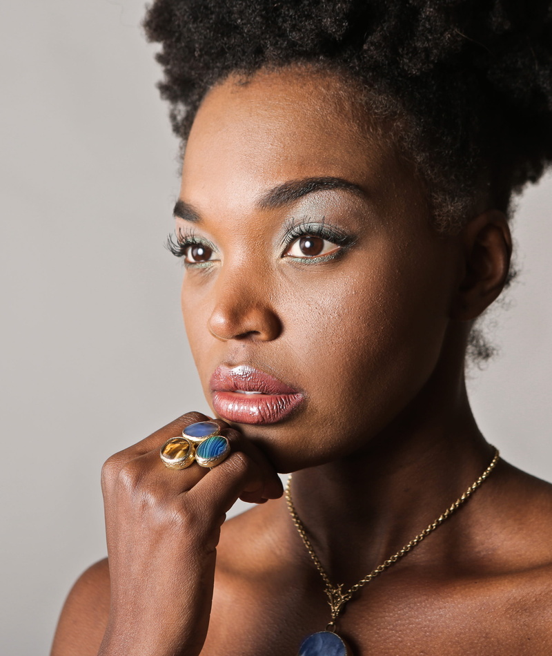 headshot, jewelry, hair, black, black hair, 2K, necklace, indoors, fingers, 25-30 year old, young adult, female, one, young, closeup, african, adult, portrait