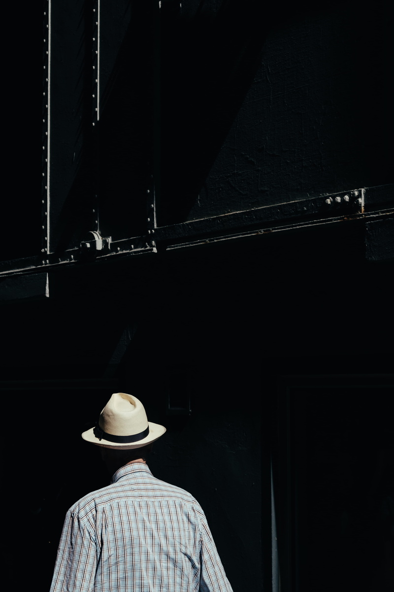 hat, hard light, men, shirt, hard shadow, white, portrait, dapper, casual clothing, headshot, clothing, australia, melbourne, black, beige, street view