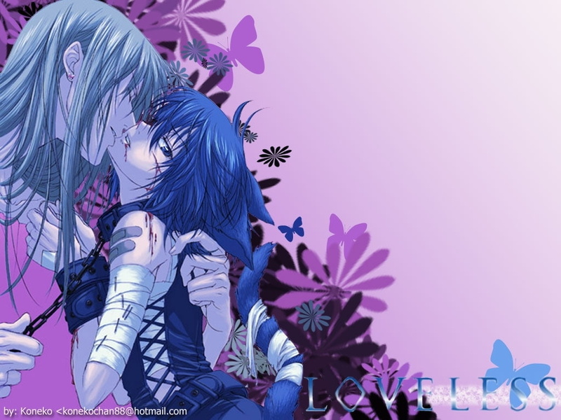 cat, butterfly, anime, aoyagi, soubi, nekomimi, butterflies, 480P, ritsuka, bondage, Flowers, agatsuma, loveless, hd, ears, boys, animals, art