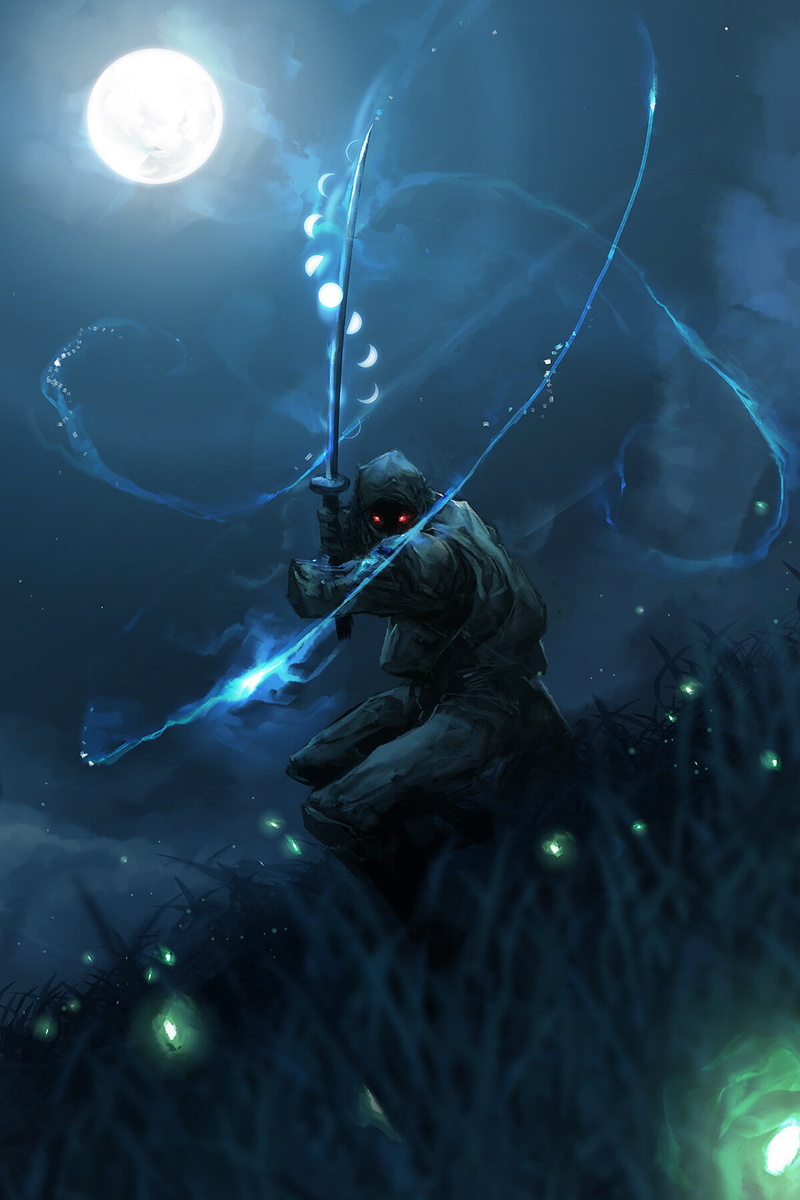 Aaron Nakahara, Ninja, glowing eyes, red eyes, 720P, Moon, portrait display, digital art, ArtStation, sword, samurai