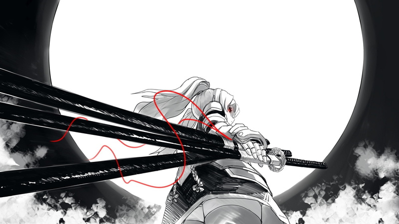 red eyes, Moon, samurai, women, anime girls, katana, 2K, long hair, sword, weapon, twintails