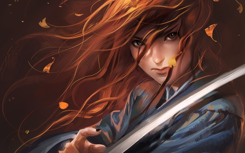 katana, samurai sword, red, haired, 1080P, background, samurai